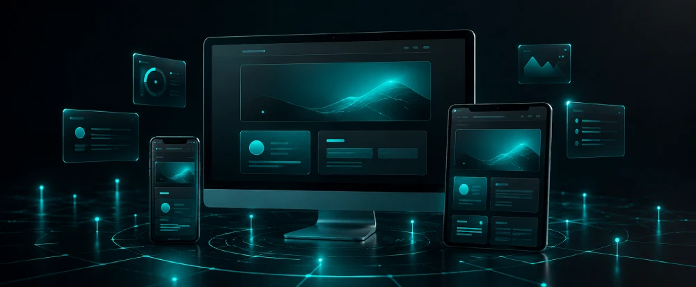 Responsive business website displayed across desktop, laptop and tablet screens